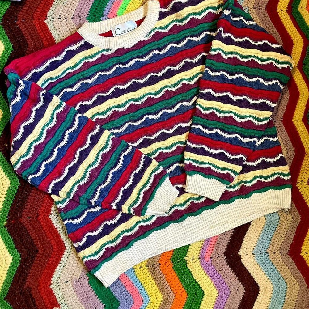 vintage multi-coloured horizontal striped knit sweater w/ white trim coogiesque